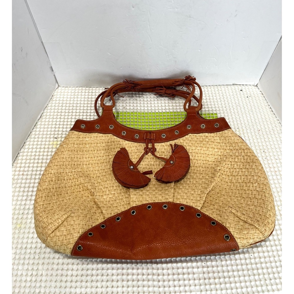 Anya Hindmarch London Woven Straw and Leather Shoulder Bag Beige Brown